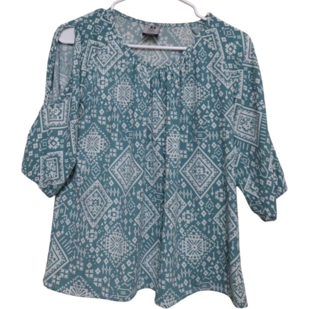 Jonathan Martin Blouse Women Small Green‎ Aztec Tribal Cold Shoulder 3/4 Sleeves